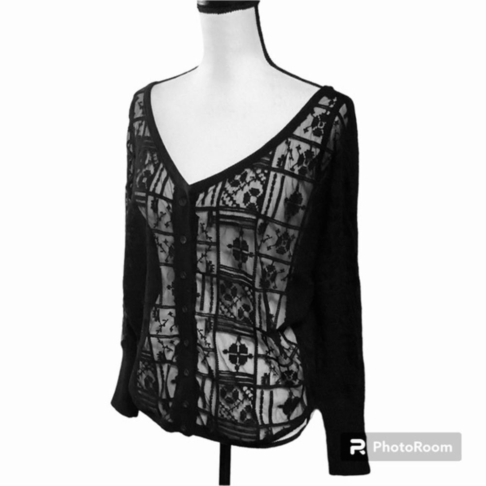 Subtle Luxury Cashmere‎ Blend  Front + Sleeves Lace Panels Cardigan Top XS NWT